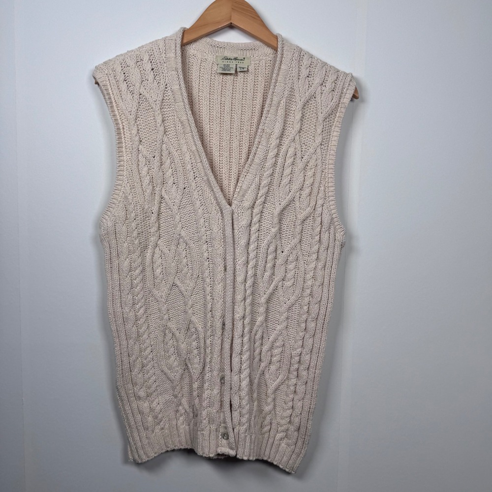 VTG Eddie Bauer Cable Knit Cardigan Vest Women L Cream Fisherman Preppy Coastal - Picture 2 of 15